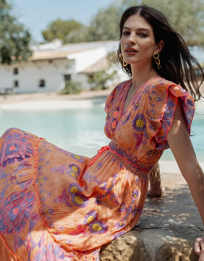 Piti Cuiti Flutter Floral Print Maxi Dress Orange