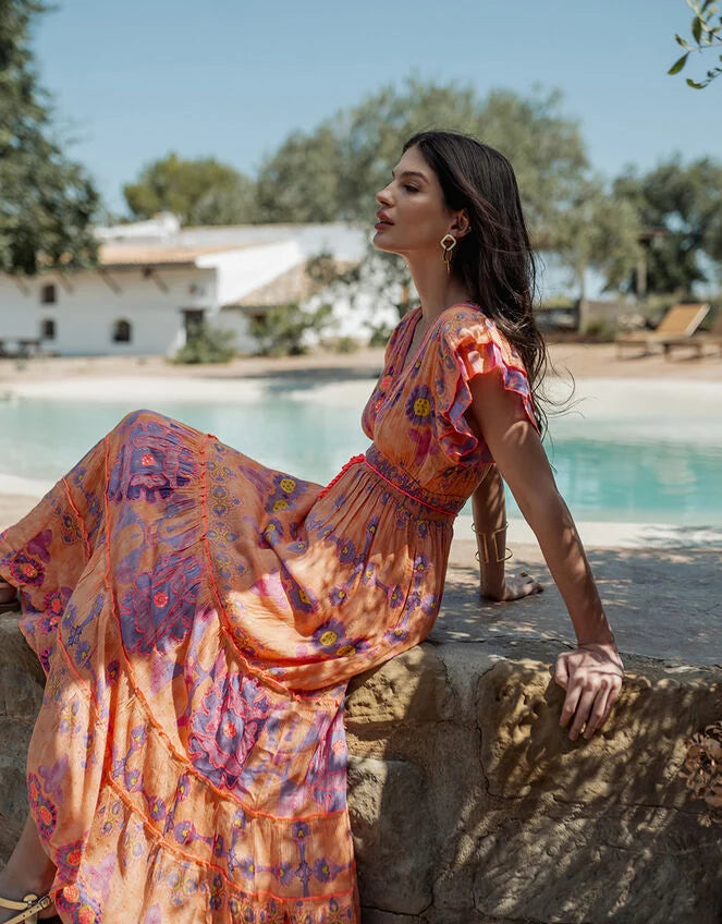 Piti Cuiti Flutter Floral Print Maxi Dress Orange