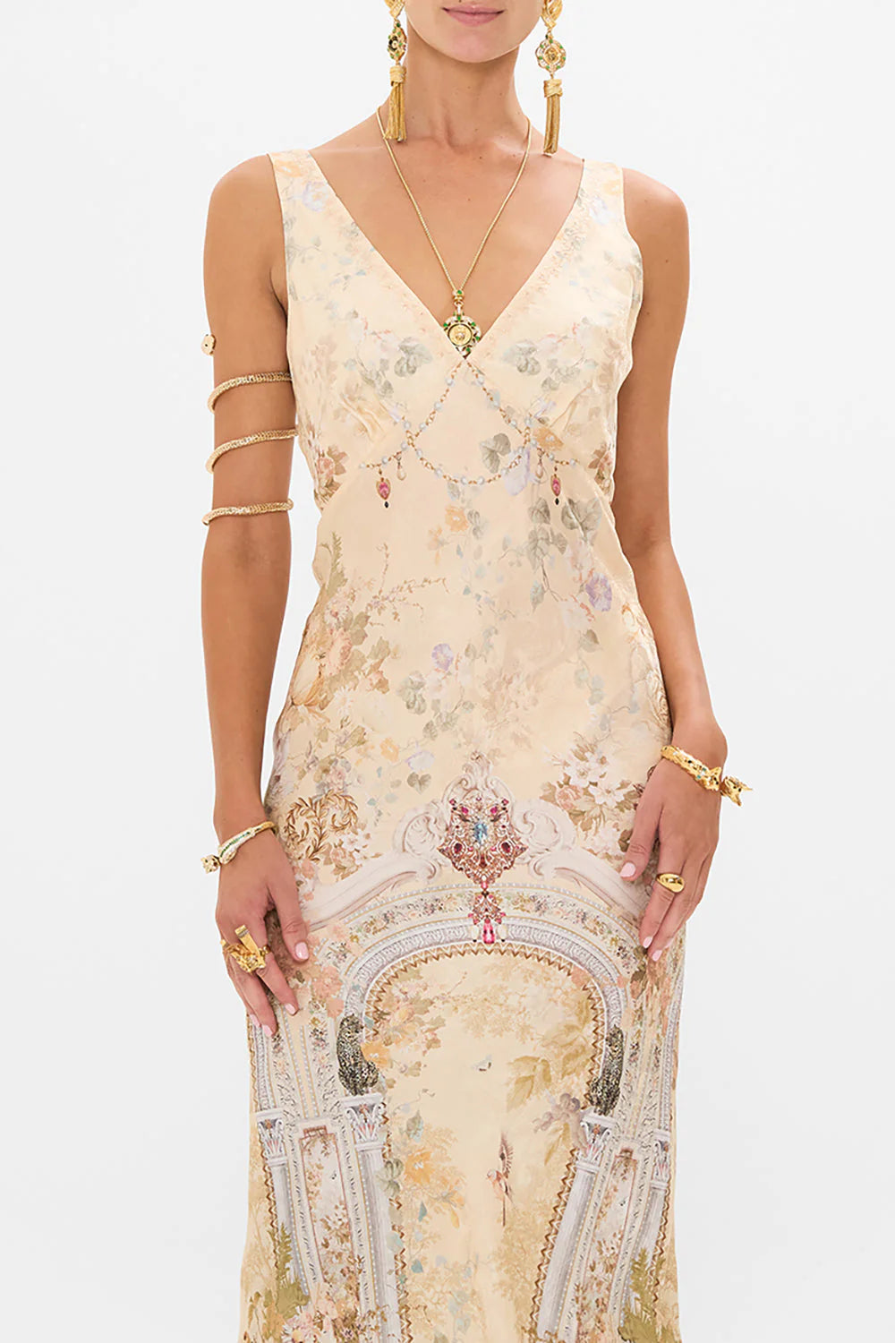 Camilla Adorned In Antiquity V Neck Jacquard Slip Dress