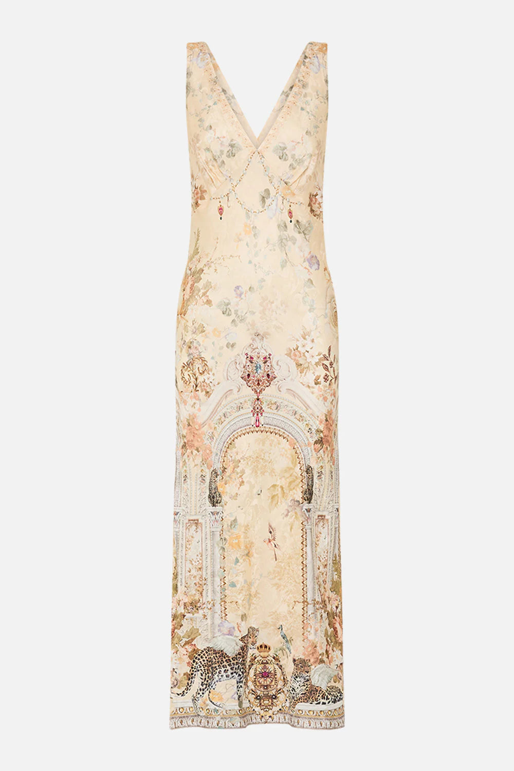 Camilla Adorned In Antiquity V Neck Jacquard Slip Dress