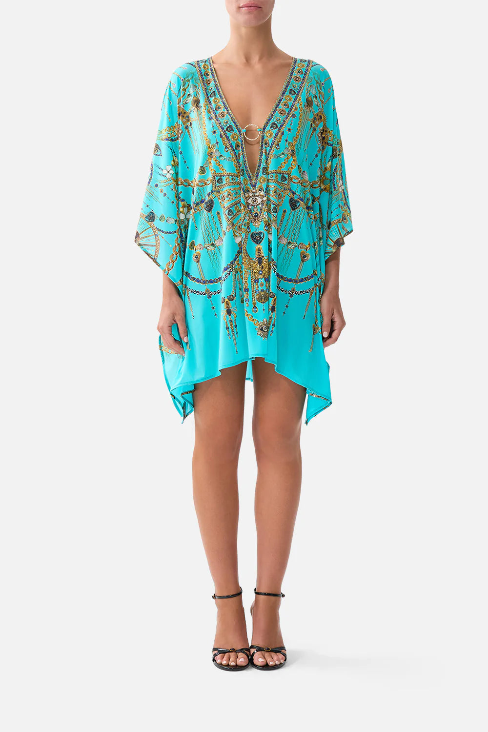 Camilla Short V-Neck Kaftan with ring front trim. Totems and treasures
