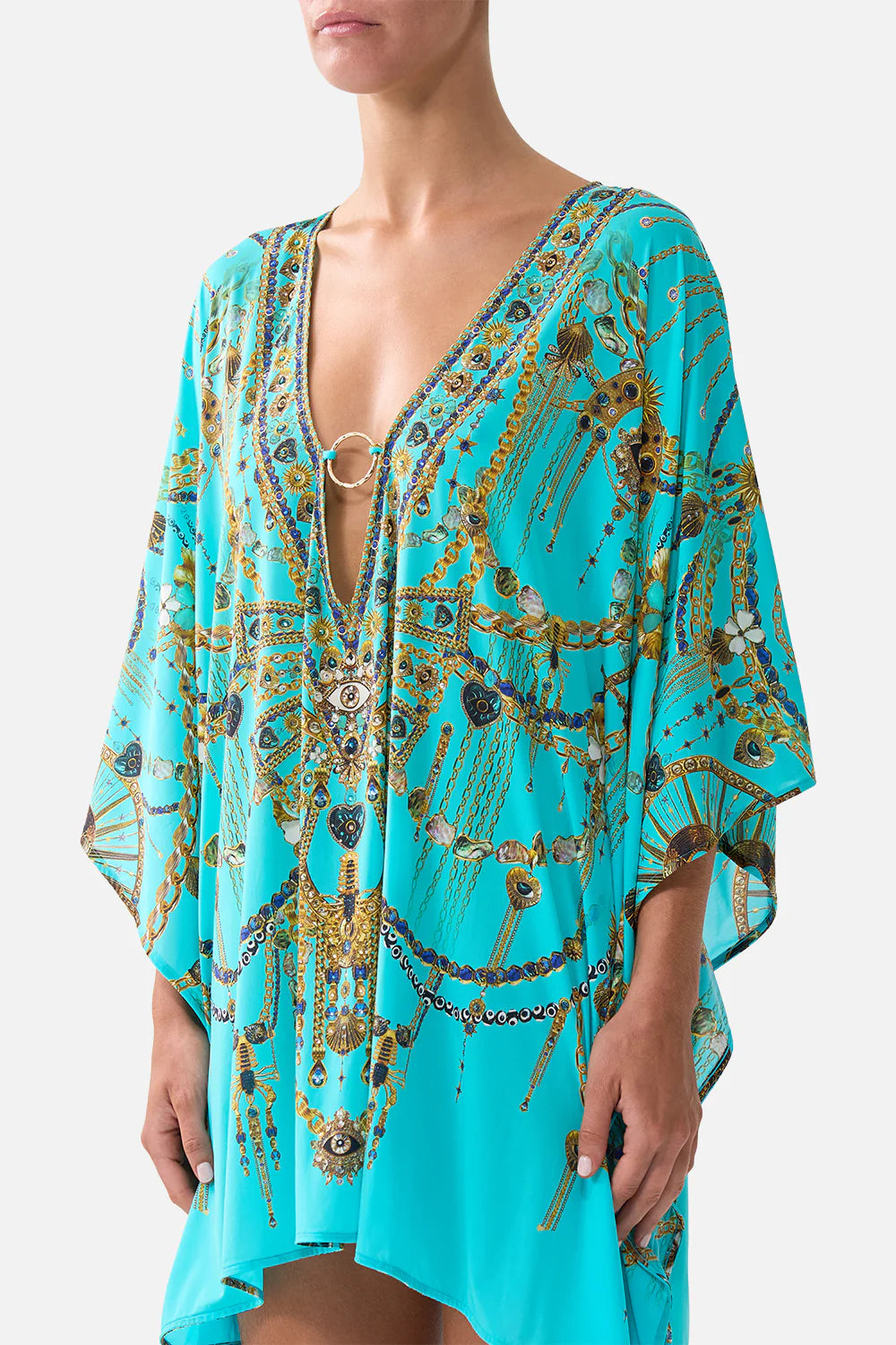 Camilla Short V-Neck Kaftan with ring front trim. Totems and treasures