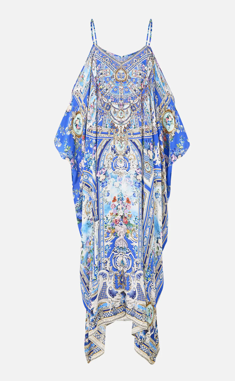 Camilla Drop Shoulder Silk Blue Printed Kaftan