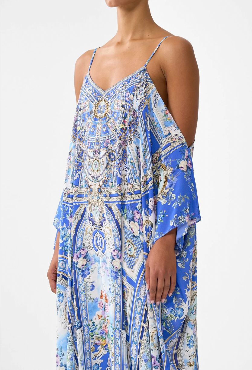 Camilla Drop Shoulder Silk Blue Printed Kaftan
