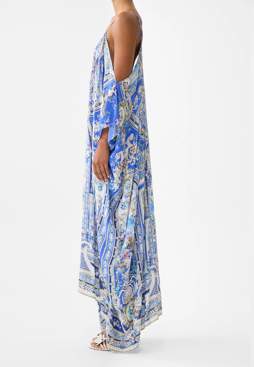 Camilla Drop Shoulder Silk Blue Printed Kaftan
