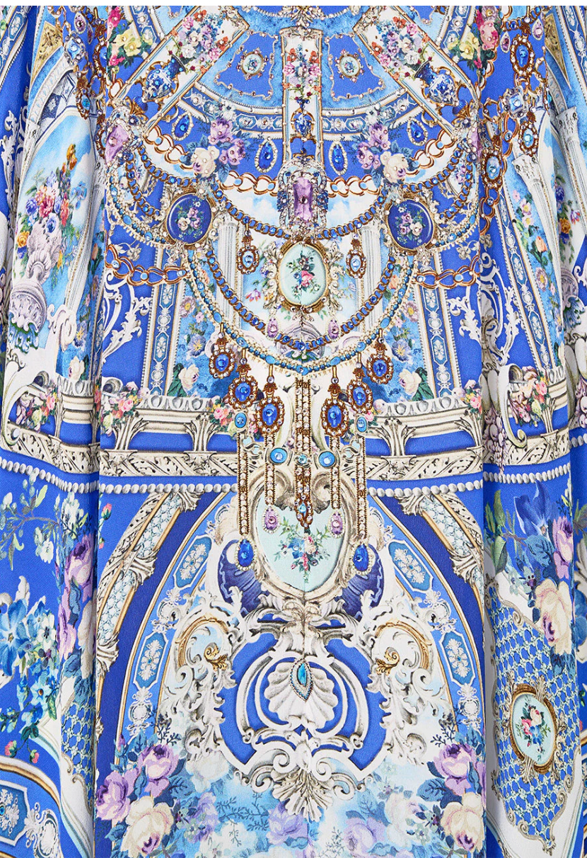 Camilla Drop Shoulder Silk Blue Printed Kaftan