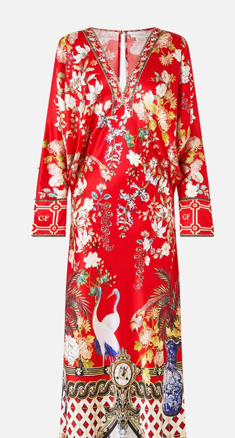 Camilla Plunge Neck Draped Shoulder Dress Lisboa Luxe